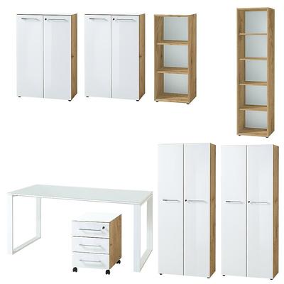 Büro-Set 8-tlg Komplettbüro MUENCHEN | Schreibtisch, 6 Schränke, Container | Glasfront Soft-Close Abschließbar | Chalet-Eiche-Nb./Weiß | Kadima Design