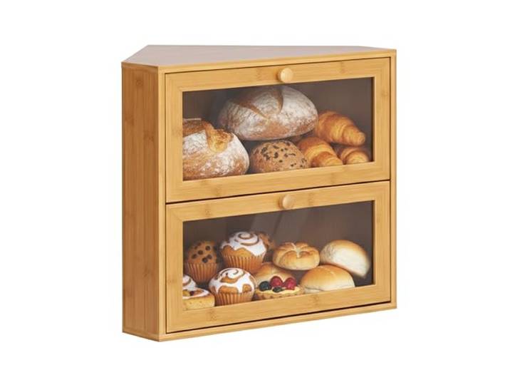 Relaxdays Eck-Brotkasten Bambus, 2 Etagen, Brotlade mit Sichtfenster, HBT: 35x40x27,5 cm, Brotbox platzsparend, Farbe