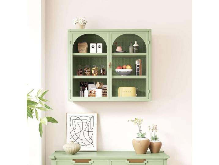 Vitrine suspendue en verre - Étagère suspendue - 2 portes en verre - Pour salle à manger cuisine salle de bain -Vert-70x23x60cm