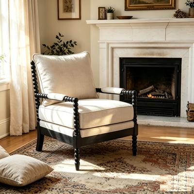 Bobbin Farmhouse Spindle Accent Chair with Wooden Frame, High-Resilience Sponge Cushion & Linen Upholstery by GDFStudio