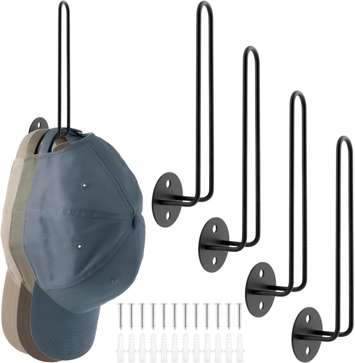 4-delige Set Zwarte Wandhouders voor Baseballpetten en Accessoires