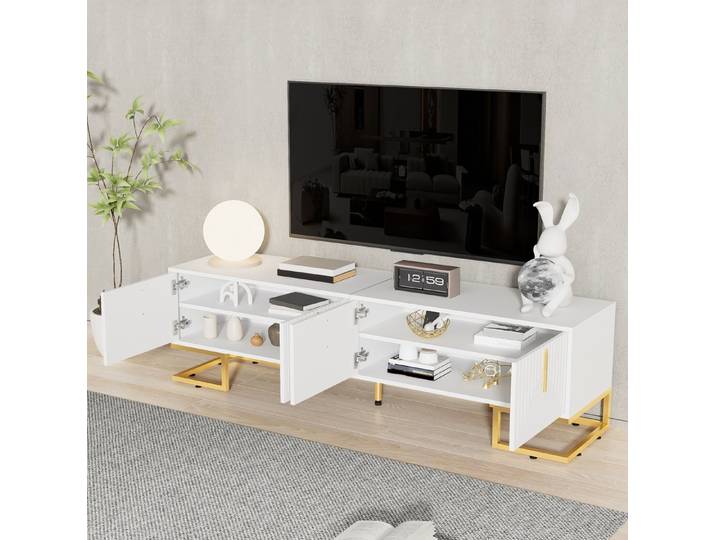 REDOM TV-Schrank Hochglanz-Lowboard mit gravierter Textur (Packung, 1-St., Hochglanz, 170×53,5×40 cm, Weiß, MDF) goldene Akzente, luxuriöse Optik