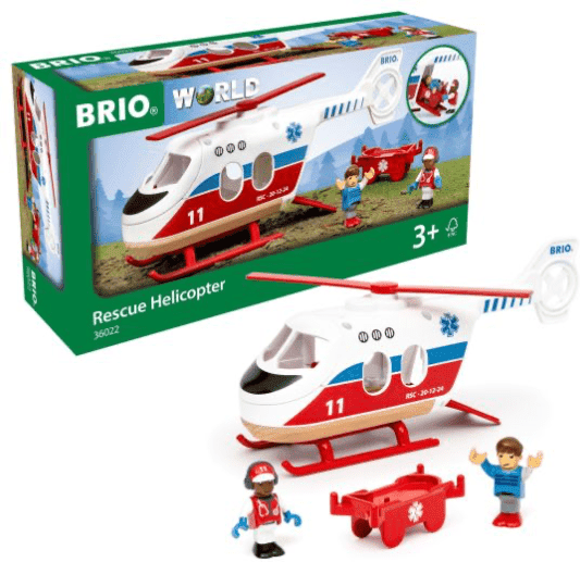 Brio World 4-Piece Rescue Helicopter Toy Set for Kids - Includes Pilot, Patient, Stretcher, and Helicopter - Ages 3 and Up