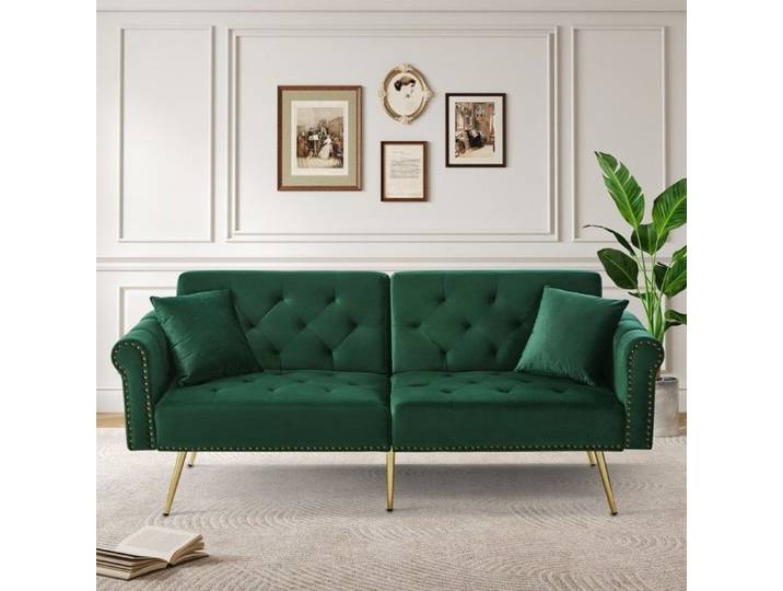 Canapé Convertible Canapé-lit 2 places velours - dossier réglable 3 niveaux - pieds dorés - design moderne - compact