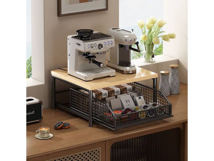Support de rangement de bureau pour café, tasses et sachets de thé, extractible, avec étagère de rangement en L coulissante