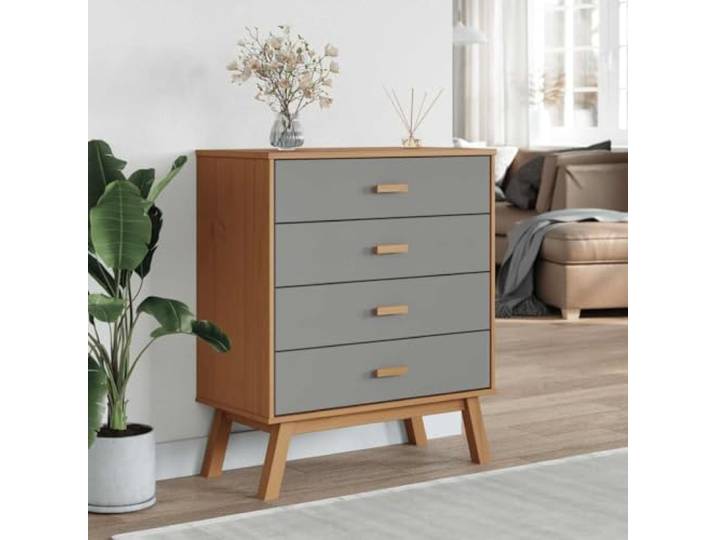 OLDEN Kommode 4 Schubladen Grau Braun Holz Massivholz Kiefer Standfüße aus Holz 76,5 x 39 x 90 cm inkl. Wandbefestigung