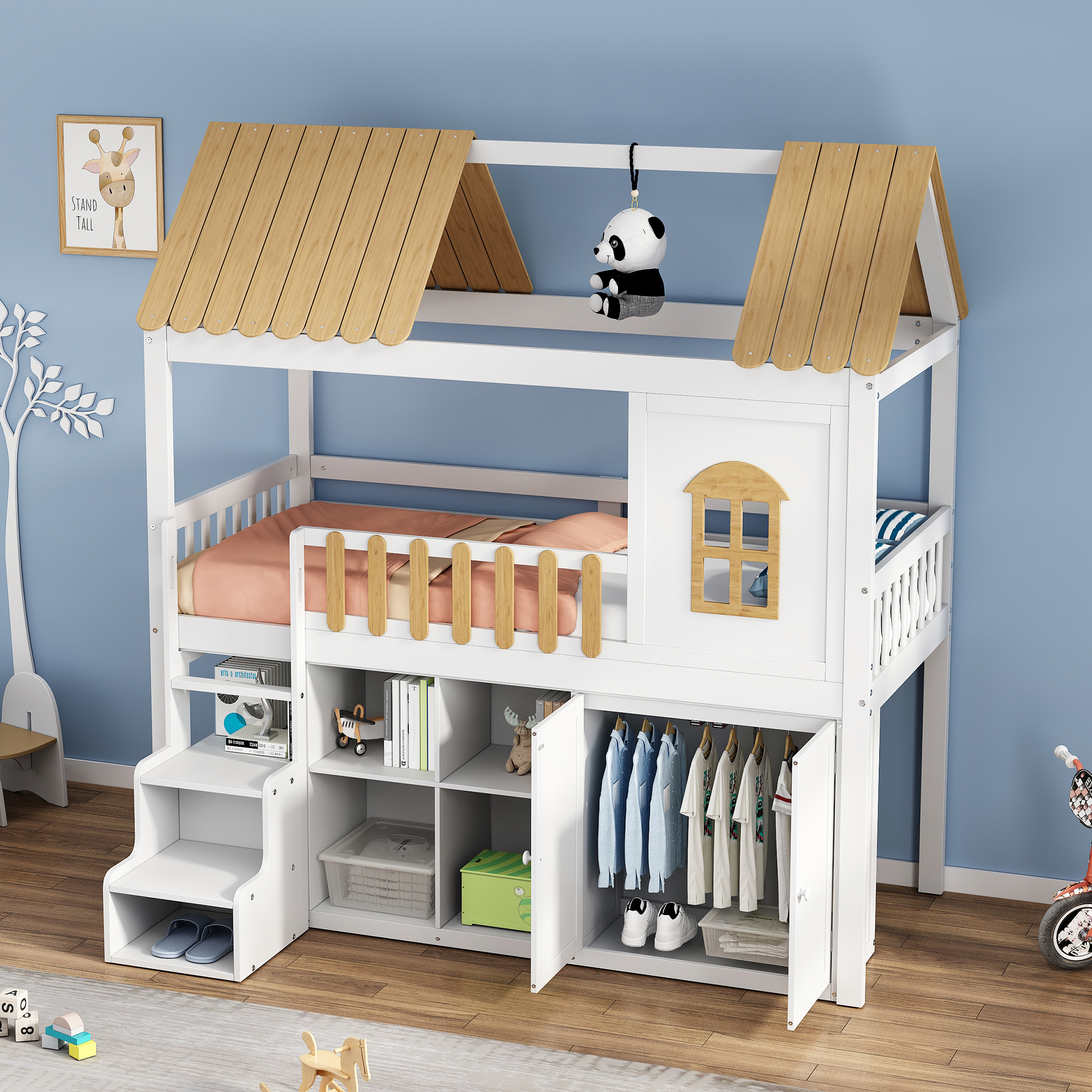 Kinder Etagenbett 90x200 mit Haus-Design - Schrank, Schuhregal, Fenster, Treppe, Kiefer+MDF, weiß+natur, 150kg Tragfähigkeit