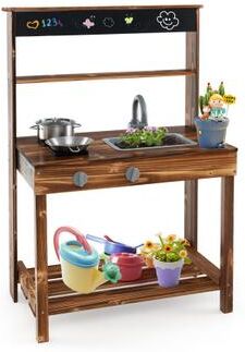 Costway Outdoor Mud Kitchen for Kids with Rotatable Faucet and Removable Sink-Natural