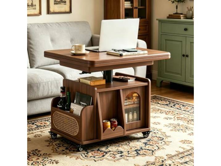 EBOYNSowAprr Höhenverstellbarer Couchtisch mit Stauraum & Rollen Lösung für kleine Räume, multifunktionaler rollbarer Holztisch(Walnut)