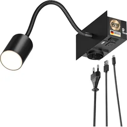 ledscom.de Wandleuchte WAIKA, Schwanenhals, Schalter, schwarz, 1 Steckdose, USB-C, USB-A, 1x GU10 max. 15W
