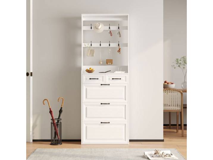 Meuble Chaussures - Blanc - 80x23.5x220 cm - 3 Portes - 2 Tiroirs - Style Campagne