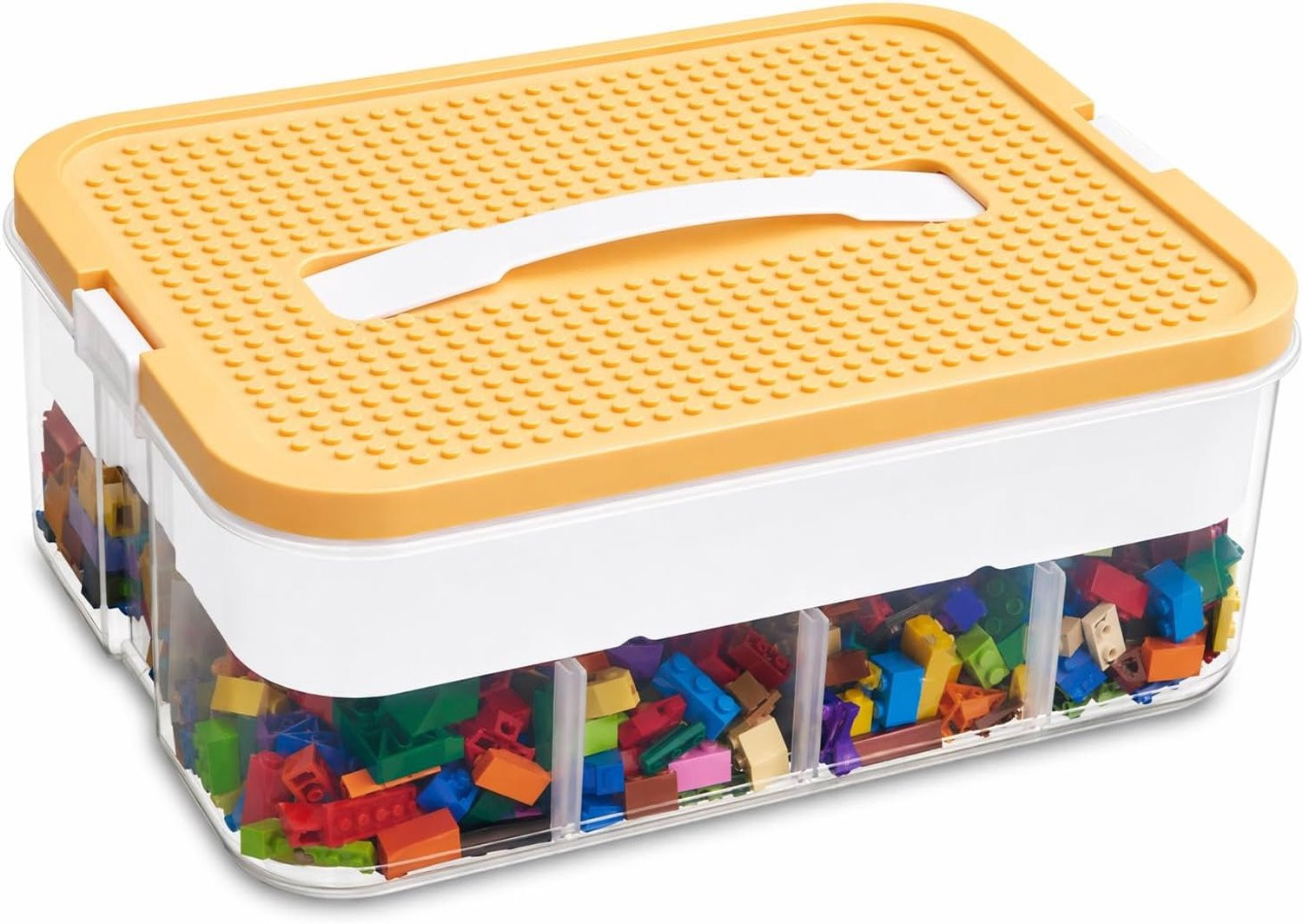 Sorteerbox voor kleine onderdelen met transparante vakken en deksel, gele opbergdoos met handgrepen en stapelbaar ontwerp
