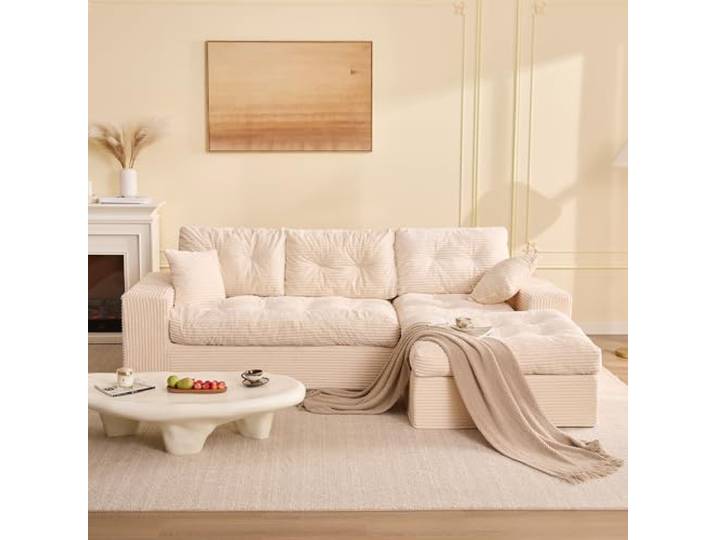 Litbird 3‑Sitzer Ecksofa Beige – Modulares Sofa mit Recamiere, Cordstoff Bezug, Schlafsofa & Relaxsofa, Wohnzimmer Sofa ohne Montage, 3‑Sitzer Sofa für geräumiges Wohnzimmer