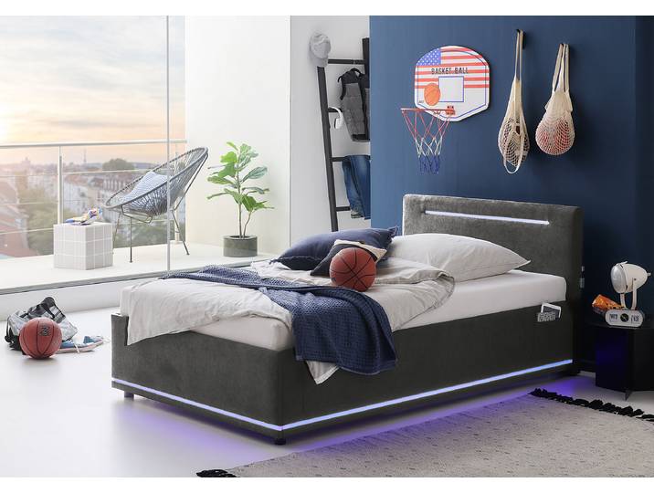 Lit rembourré lumineux Circle 140 x 200cm Microfibre Enza Noir Avec coffre de lit