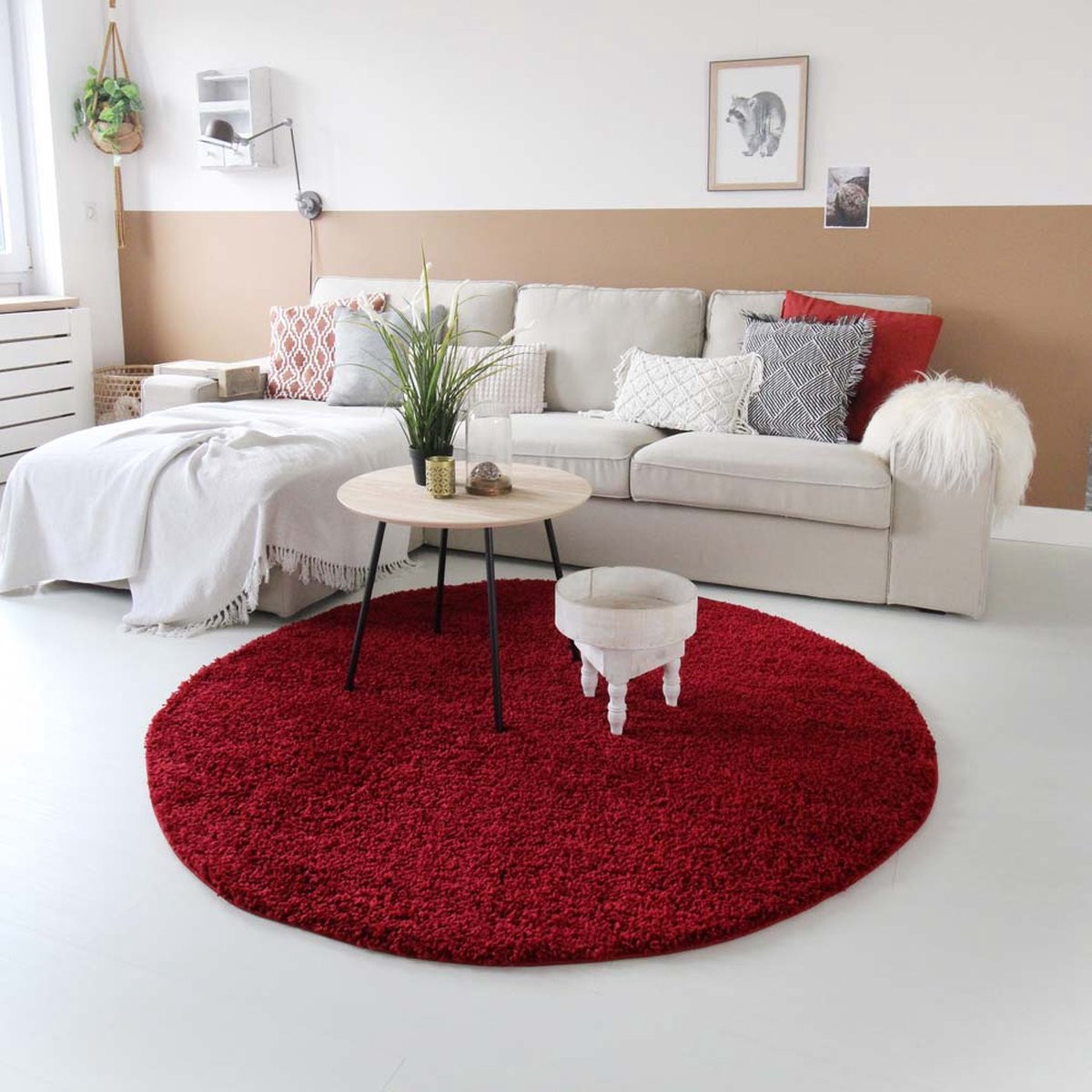 Rond hoogpolig vloerkleed Shaggy Trend rood
