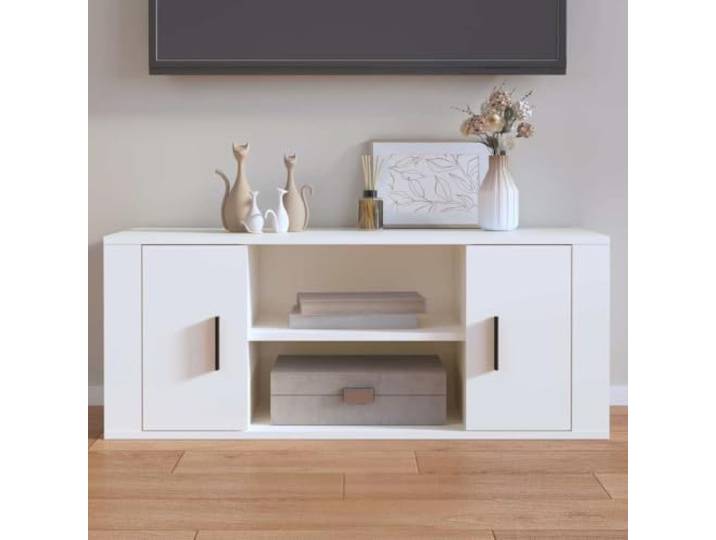 HEFZGDB TV-Schrank Weiß 100x35x40 cm Holzwerkstoff mit 4 Fächern und Türen, Stauraum Medienschrank für Wohnzimmer, Robuster TV-Ständer mit Stabilem Design