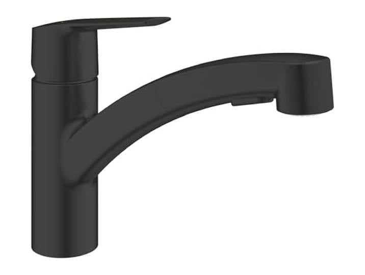 GROHE Start, Küchenarmatur 2 Strahlarten (Wasserhahn Küche mit ausziehbarer Brause, 90° schwenkbar, wassersparend dank variabler Mengenbegrenzung, werkzeugfreie Spülbecken-Montage), schwarz, 305312431