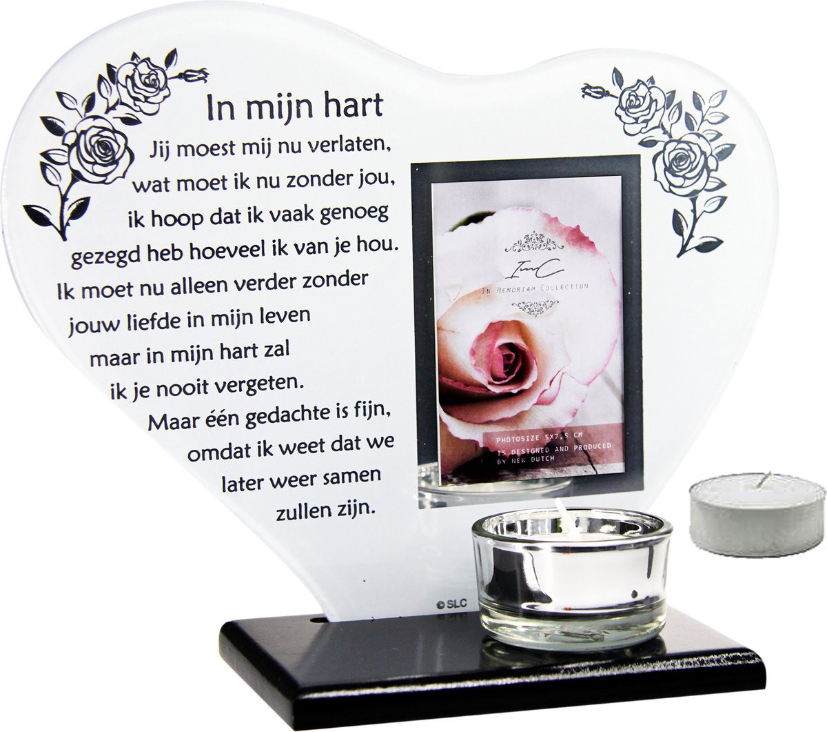 In Memoriam waxinehouder met fotolijst en gedicht In mijn hart