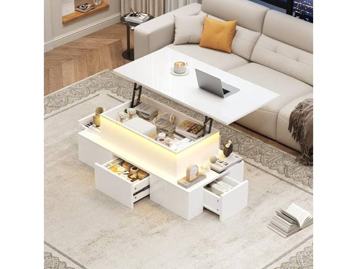 BTM 100 * 50 * 40cm anhebbarer Couchtisch mit 4 Schublade,Hochglanz-Beistelltisch mit LED,Sofatisch,kaffeetisch,Wohnzimmertisch mit verstecktem Stauraum,Weiß,MDF