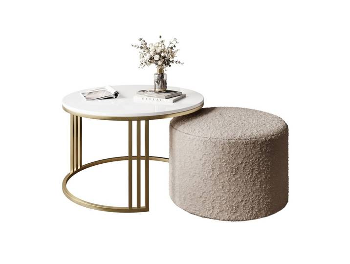 COUCHTISCH mit Hocker LORI Hochglanz gebürstetes Gold/weißer Glanz/Coral 50