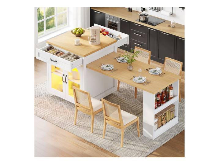 i@home Kücheninsel Ausziehbare Kücheninsel mit LED-Beleuchtung, (Moderner Küchenschrank mit 2 Schubladen), MDF-Küchenarbeitsplatte für Essbereich, Verstellbare Einlegeböden