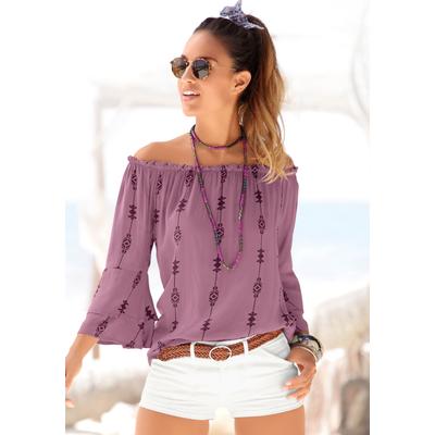 Carmenbluse LASCANA "mit Ethnodruck aus gewebter Viskose", Damen, Gr. 36, lila (lila, bedruckt), Web, Obermaterial: 100% Viskose, bedruckt, figurumspielend hüftlang, Carmenausschnitt, Volant, Blusen Schlupfbluse, schulterfreie Damenbluse,...
