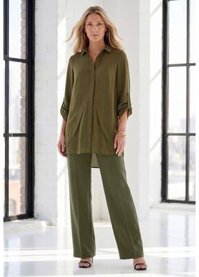 Plus Size Women's Georgette Overlay Big Shirt by Roaman's in Dark Olive Green (Size 12 W) Long Shirt Blouse