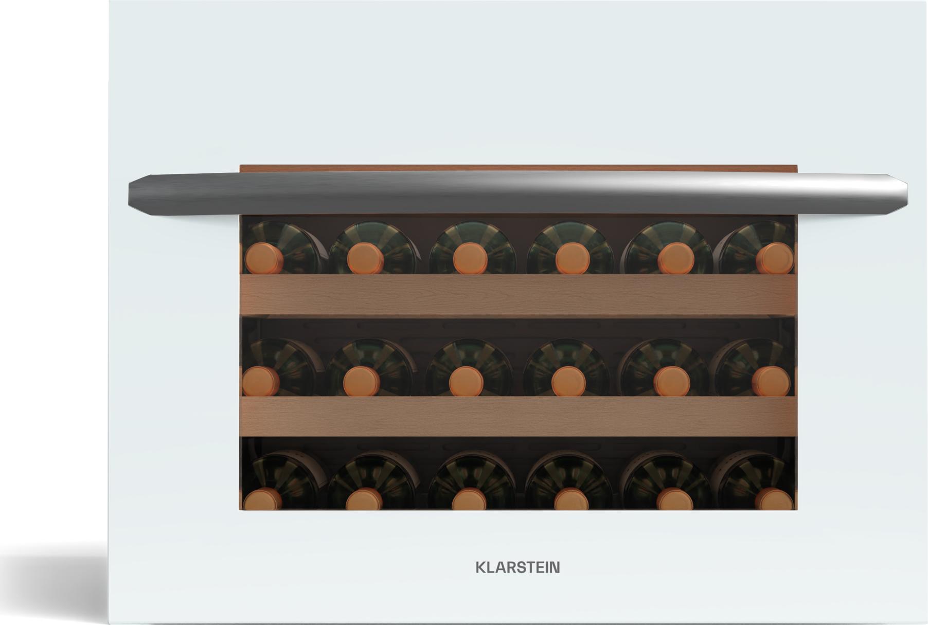 Klarstein Vinsider 24 Built-In Uno Einbau-Weinkühlschrank - 24 Flaschen, 1 Zone, 5-20 °C, LED-Beleuchtung, UV-Schutz, Holzböden, Leise, Energieeffizient, Weiß, Glastür