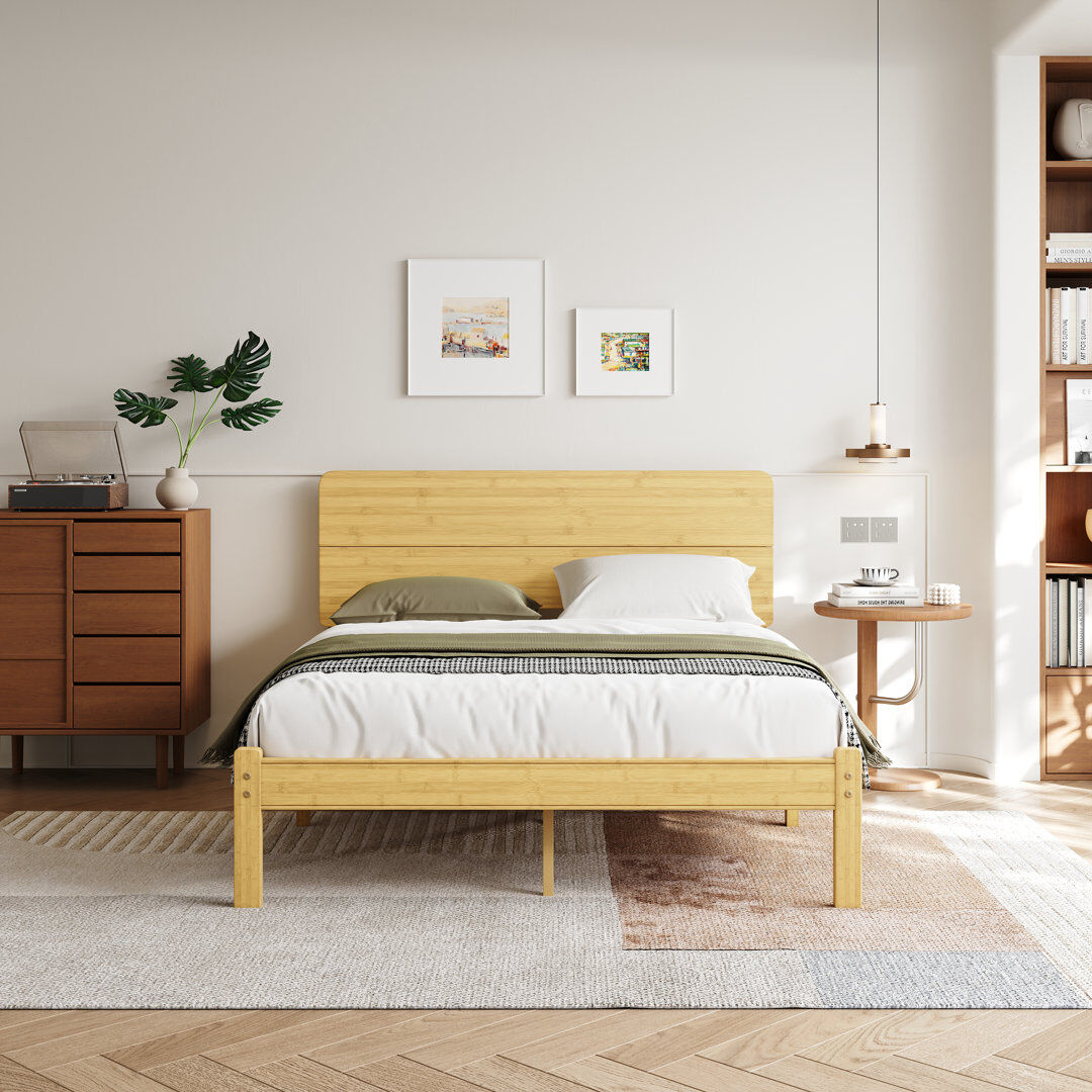 East Urban Home 35.5CM H Solid Wood Bed Frame with Metal Slats Yellow Double (4'6)