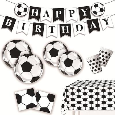 Weltfußballturnier Geburtstagspartybedarf Set Schwarz und Weiß Fußballball Partydekorationen Beinhaltet Banner Teller Becher Servietten Tischdecke für Jungen Kinder Sportparty