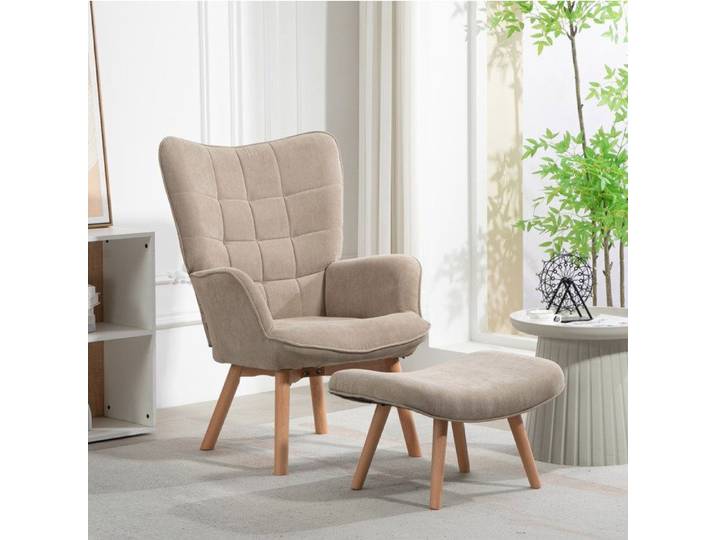 Fauteuil à oreilles avec repose-pieds AESVAR fauteuil de relaxation en polyester aspect velours côtelé khaki