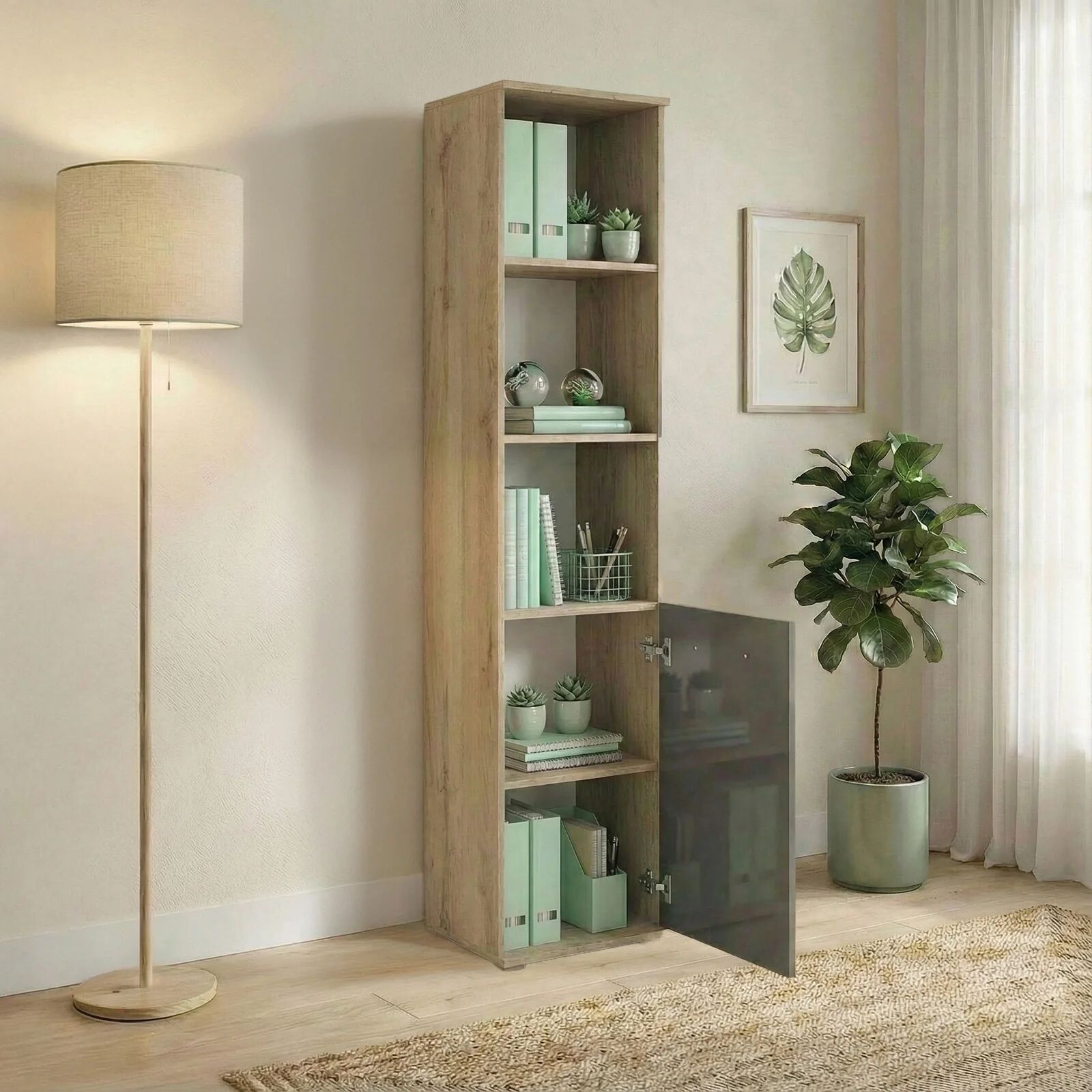 garneroarredamenti Colonna ufficio 40x176h cm libreria 1 anta e ripiani rovere antracite lucido Time D