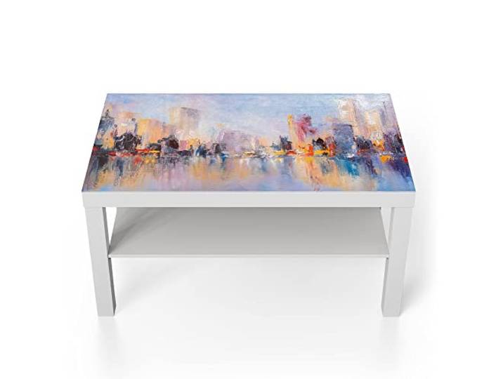 DEQORI Glastisch weiß groß 90x50 cm Motiv Wolkenkratzer am Wasser ausgefallener Beistelltisch aus Glas Hochglanz Couchtisch fürs Wohnzimmer moderner Couch Tisch mit Design