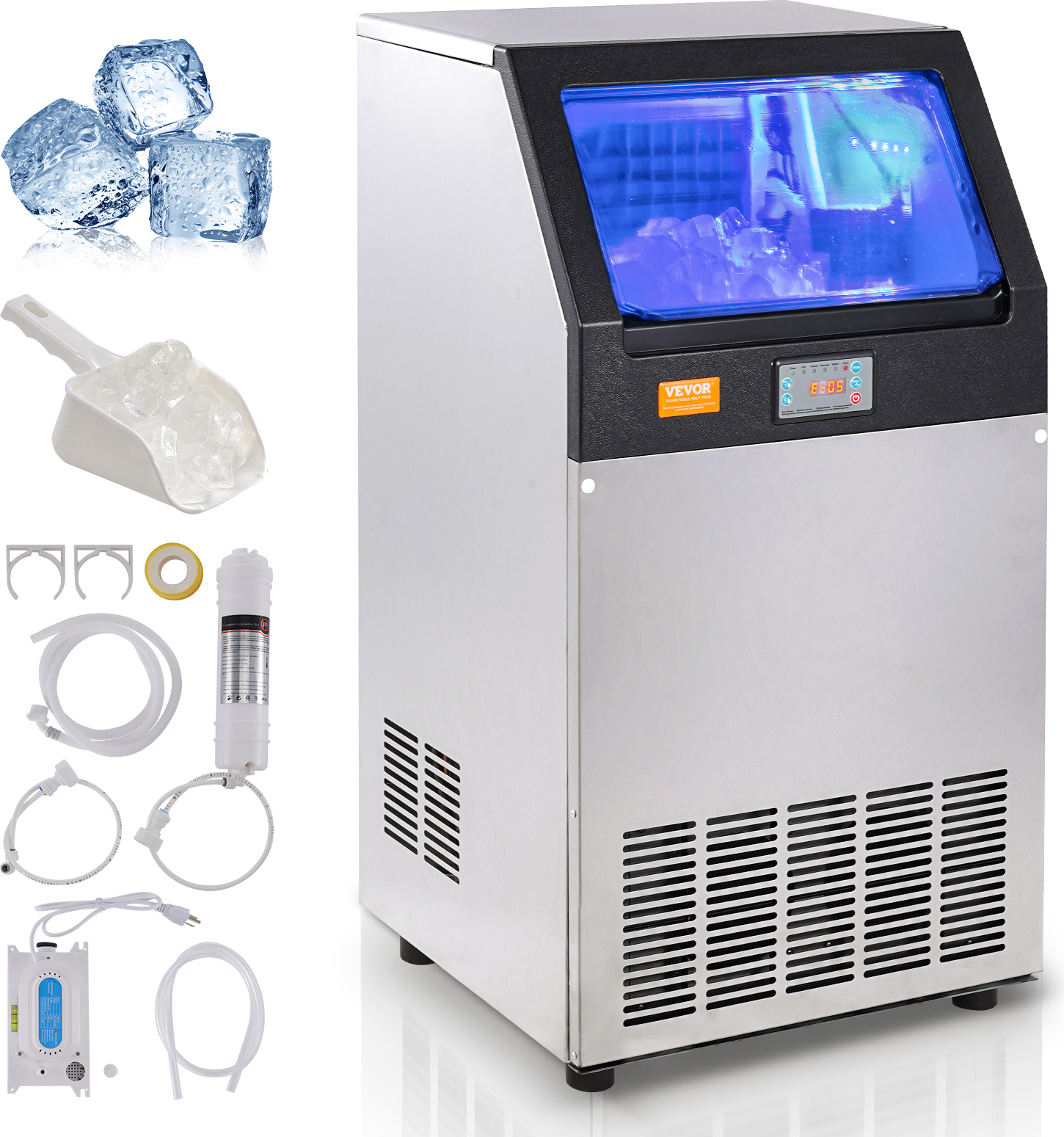 VEVOR Kommerzieller Eisbereiter, 45 kg/24 h, Eiswürfelmaschine, 55 Eiswürfel in 12-15 Minuten, Freistehender Schrank-Eisbereiter mit 15 kg Speicherkapazität, LED-Digitalanzeige