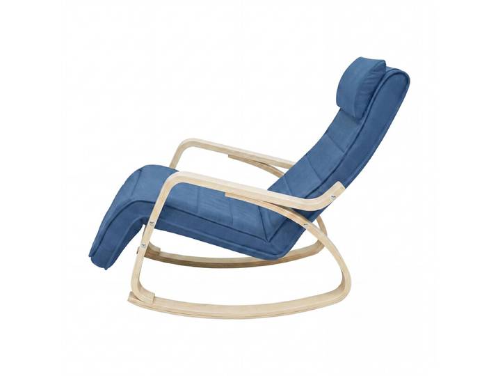 JOYFURNOS Fauteuil à bascule avec accoudoirs, fauteuil de relaxation à bascule en bois de bouleau, repose-pieds 5 positions réglables, Bleu et naturel