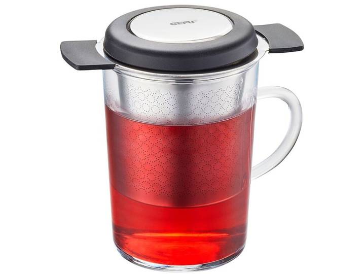 Teefilter transparent / silber / schwarz D9cm - Material: Borosilikatglas, hochwertiger Edelstahl, Silikon - Teesieb