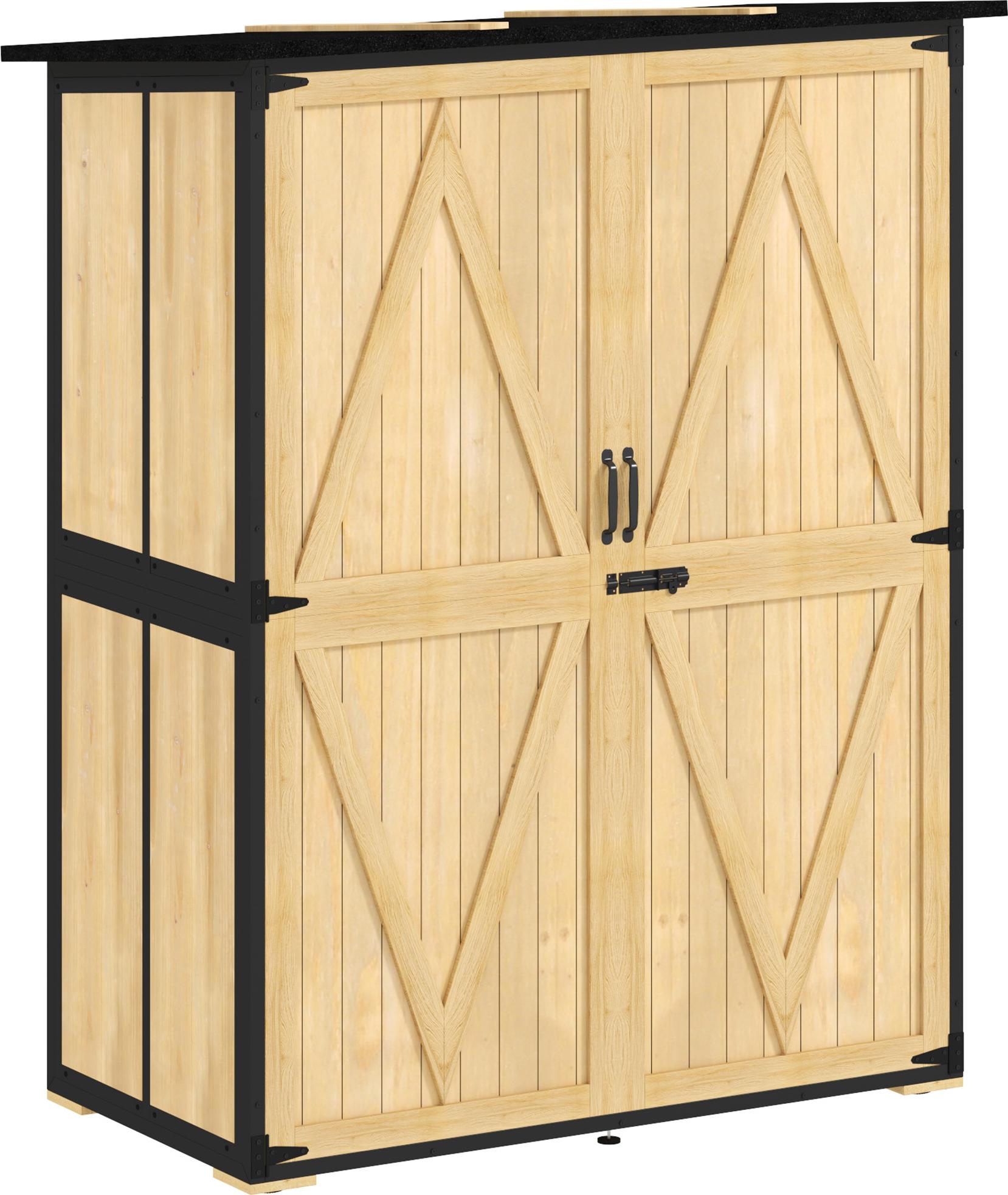 Gartenschrank aus Holz und Stahl, Outdoor-Werkzeugschrank mit Asphalt-Dach, 2 Regale, verschließbare Türen, Naturholz