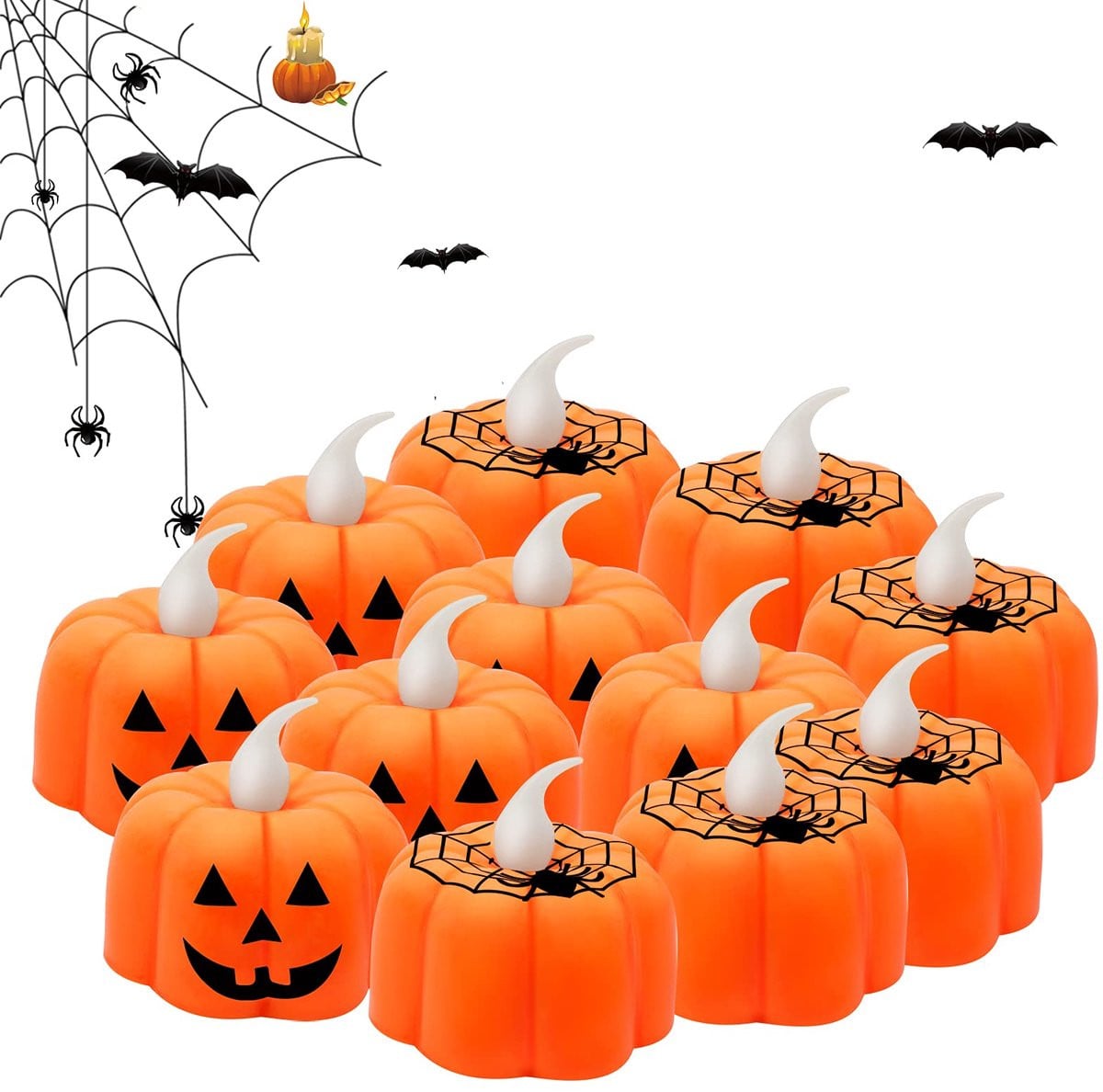 SnelShoppen 12 stuks Halloween Pompoen Theelichten - Vlamloze 3D Oranje LED Theelichten voor Binnen en Buiten