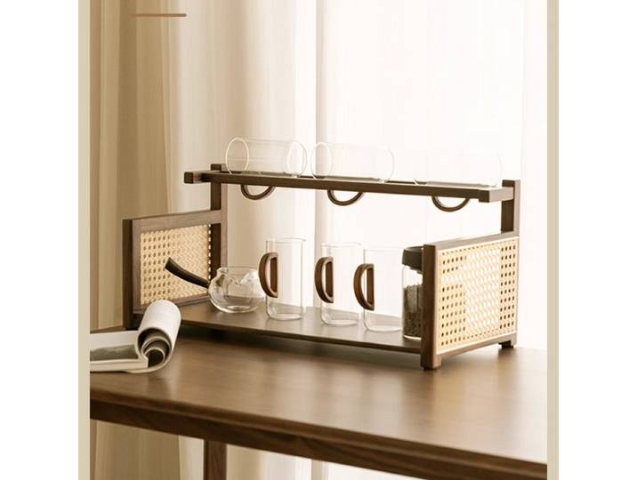 Organisateur de tasses à thé en noyer, présentoir de service à thé de bureau minimaliste, plateau à thé chinois avec conception fendue, étagère de rangement pour service à thé
