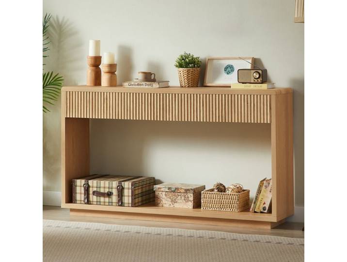 Console d'entree 150 cm EVRYAE avec 2 tiroirs et niche ouverte facade rainuree salon chene clair