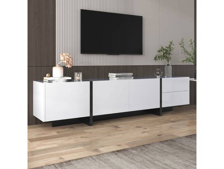 Grande Armoire TV Elégante 3 Portes 2 Tiroirs Brillants Meuble tv Blanc-Noir Design Linéaire Simple 190x35x45cm