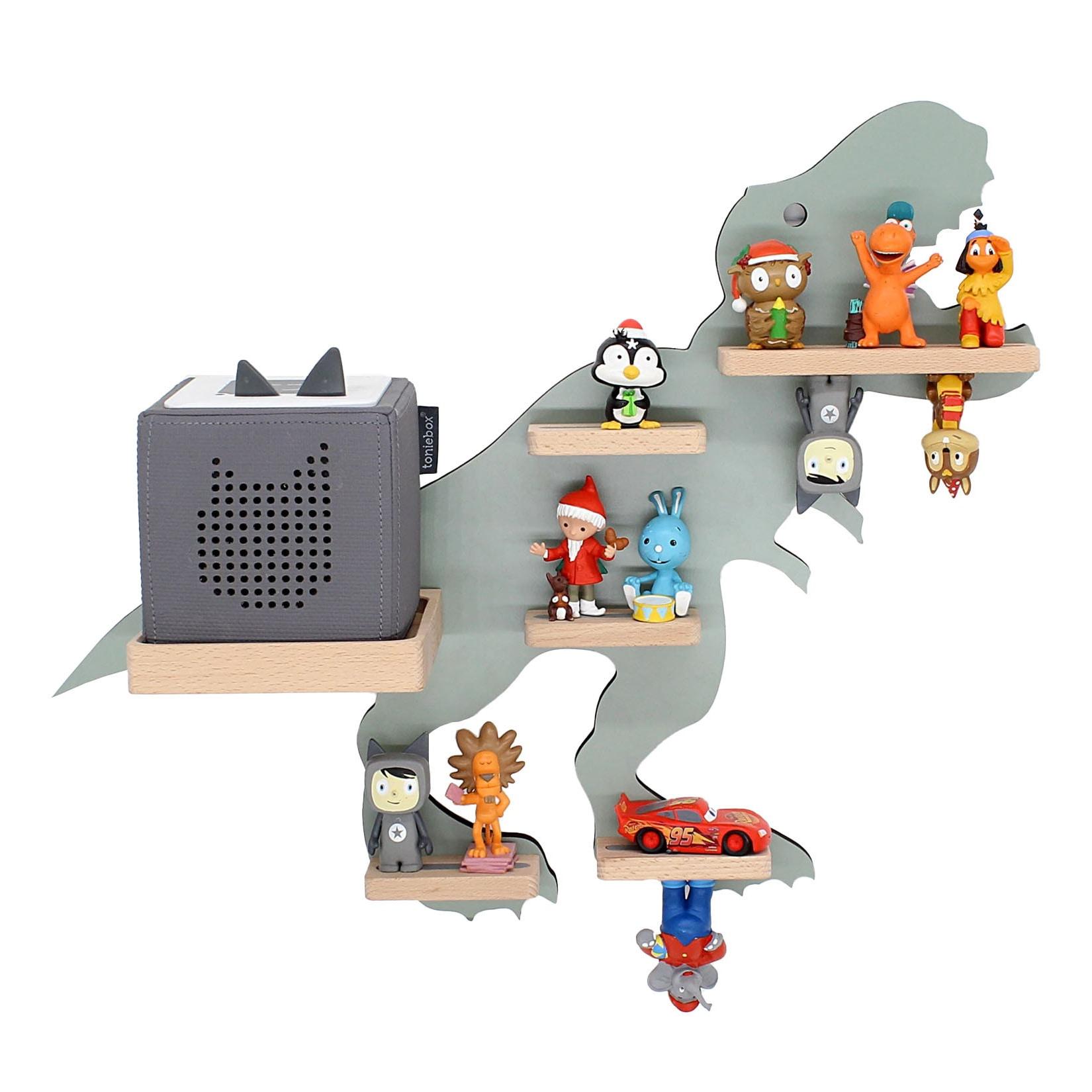 BOARTI Kinderregal Tier Dinosaurier hängend für Toniebox und Tonie Figuren Regal H. 44 x B. 52 x T. 19 Wandregal Musikbox und Figuren Aufbewahrung mit Magneteinsätzen Aufbewahrungsregal Holz Dino