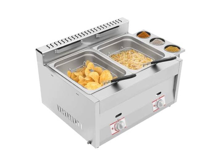 Bepritm Kommerzielle Edelstahl-Gas-Fritteuse, 6 l, Doppeltank, Arbeitsplatten-Fritteuse mit 2 abnehmbaren Körben, professionelle Küchenbratmaschine für Pommes Frites, Zuhause und Restaurant