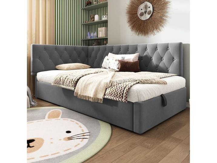Lit Coffre Enfant 90x190cm Lit De Repos Avec Rangement Hydraulique Velours Gris