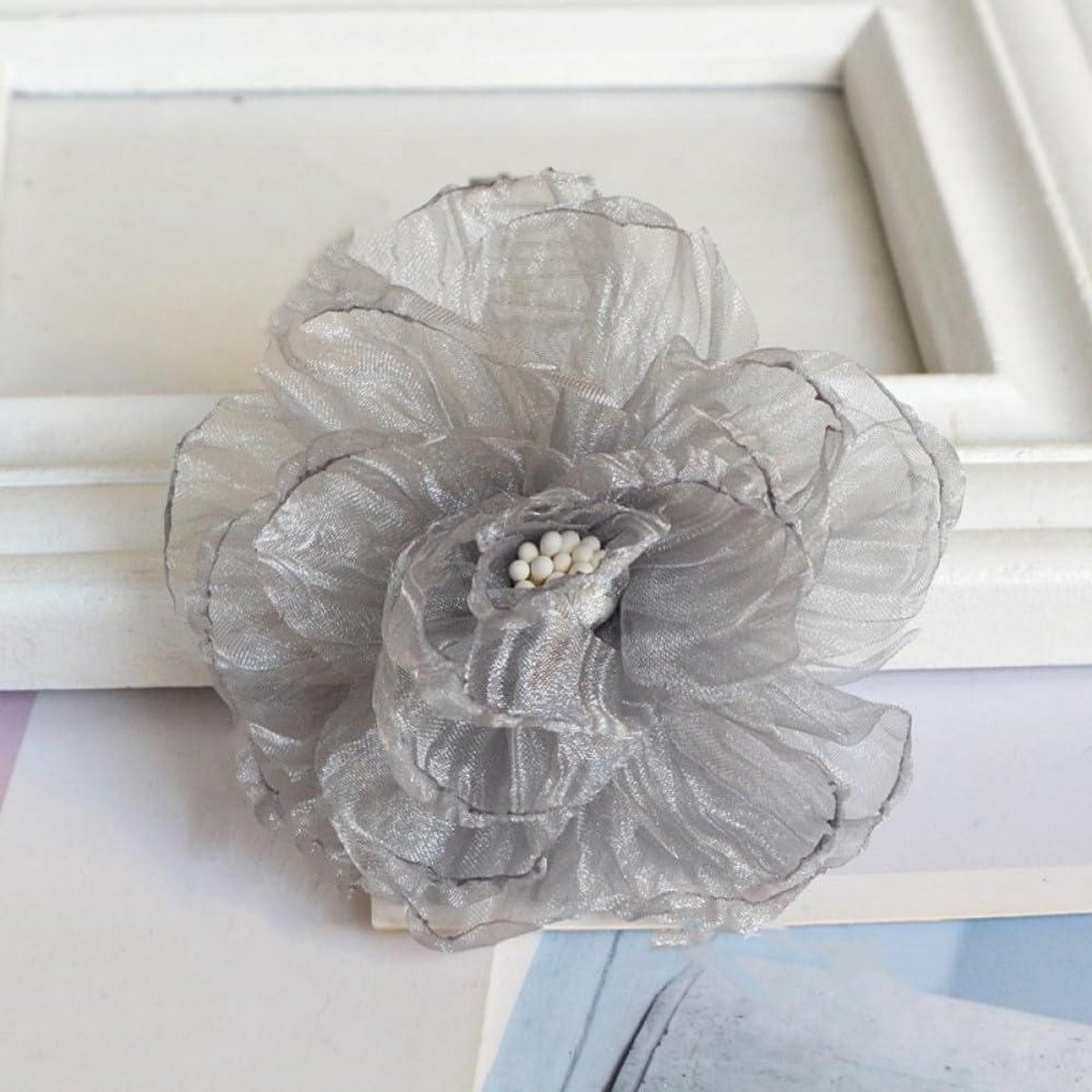 Set van 10 handgemaakte kunstbloemen van chiffon en zijde met schuim - Grijs Zwart Roos - Bruiloft Decoratie