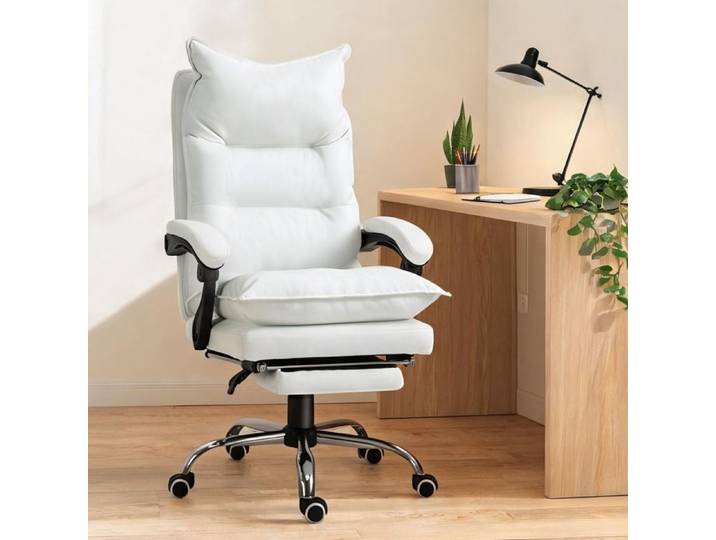 Fauteuil de bureau ergonomique revêtu polyuréthane blanc hauteur réglable 55-63 cm inclinaison 90-155° repose-pied rétractable