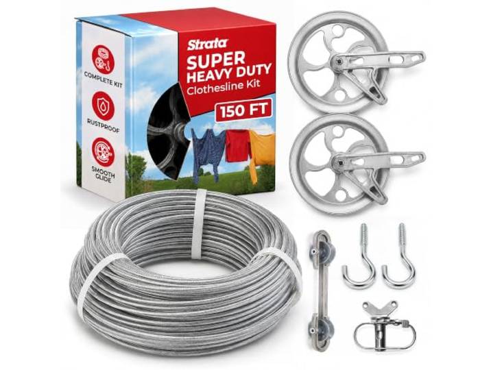 Strata Wäscheleinen-Set, sehr strapazierfähig Rostfreie PVC-beschichtete Stahlschnur, 2 kugelgelagerte Riemenscheiben, Abstandshalter, Seilwinde & Haken, Premium Metallic