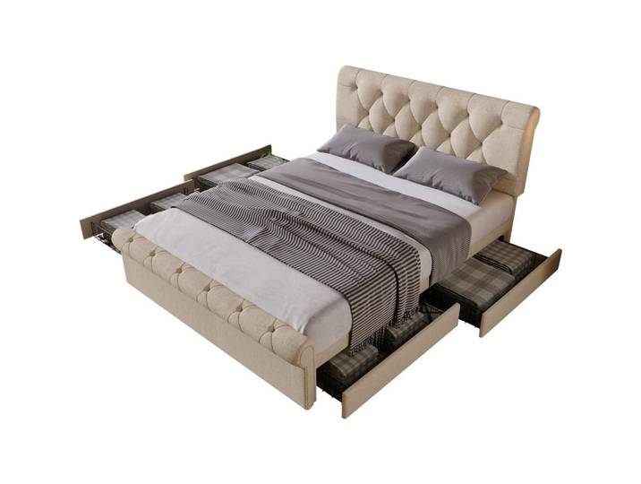 Stilvora Polsterbett 140/200 cm in Natur mit 4 Schubladen, Höhenverstellbarem Kopfteil, Scroll-Design und Leinen, Beige, 140x200 cm, Schlafzimmer, Betten, Polsterbetten
