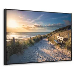 LEINWAND Bilder mit Rahmen - Sonnenuntergang - Strand - Düne - Gras - Ufer - 150x100