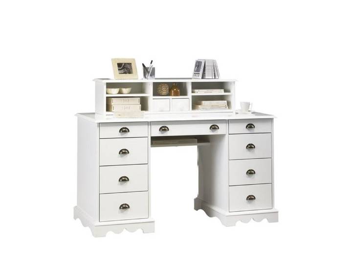 Bureau Ministre Blanc Surmeuble Style Anglais 11 Tiroirs L 137.5 H 99.7 P 58.3 - L 137.5 x l 58.3 x H 99.7 cm